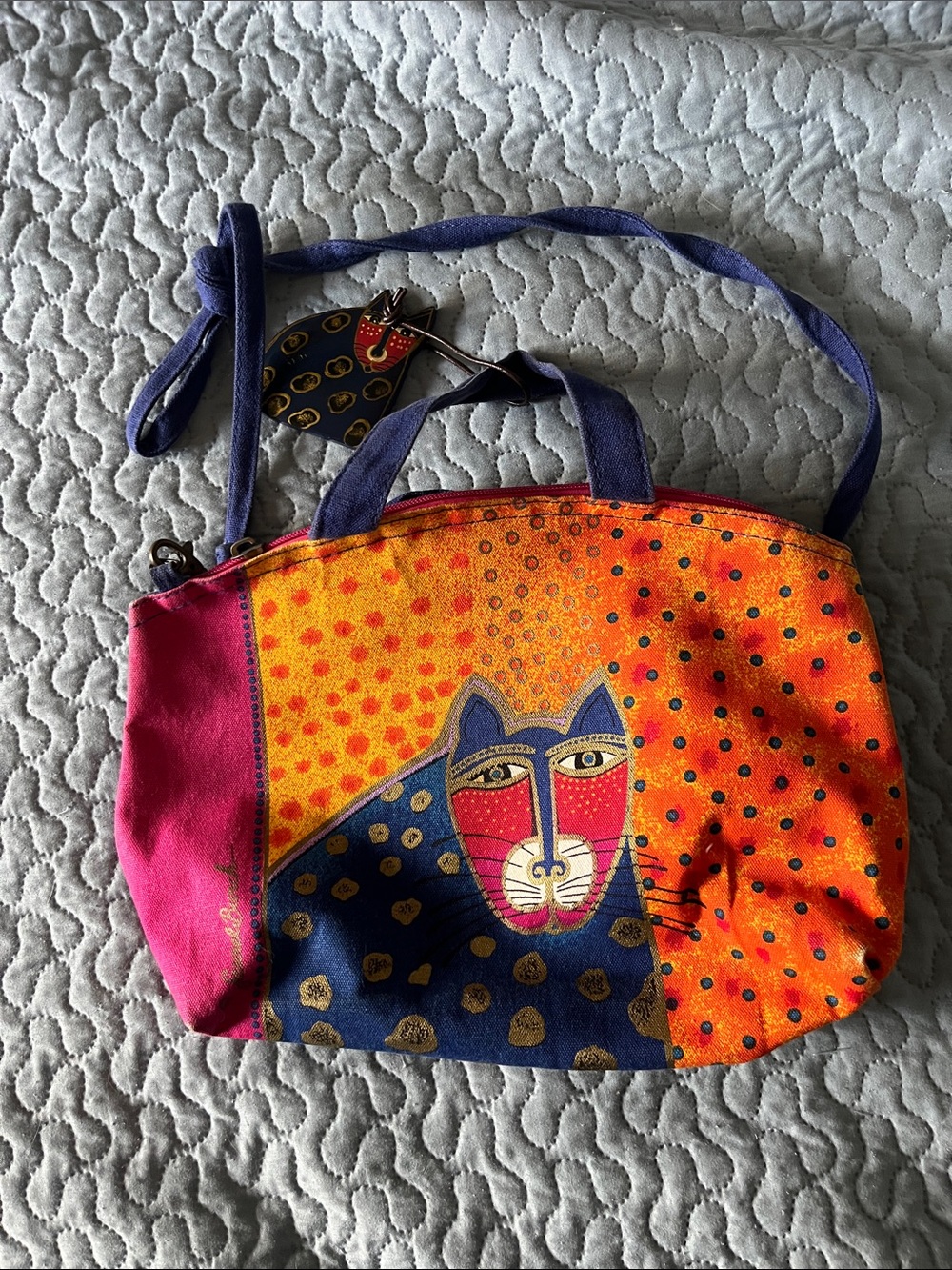 Vibrant Cat Canvas Crossbody Bag in Orange, Pink & Blue
